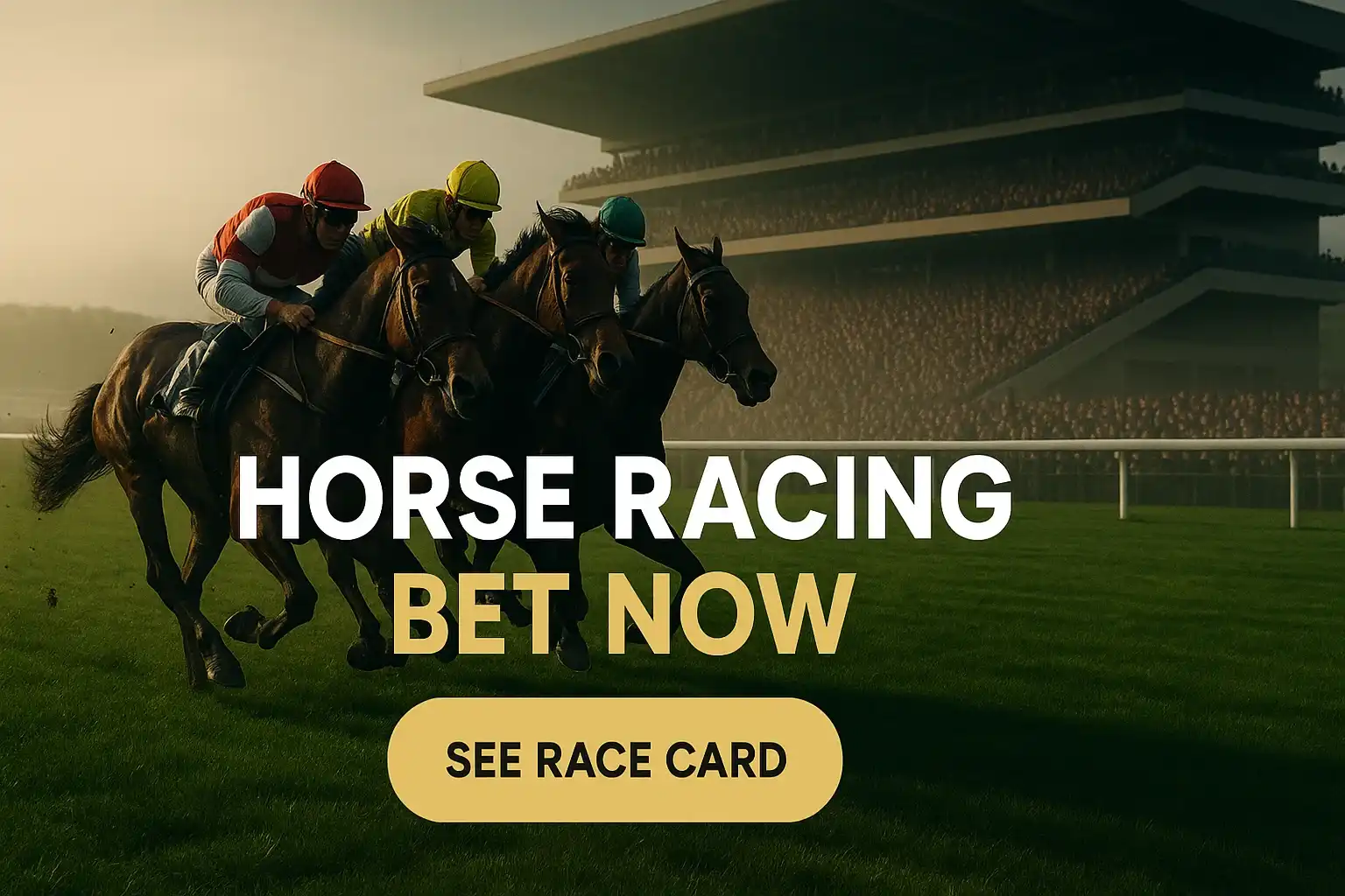 Three thoroughbreds racing at Cheltenham with betting banner text overlay