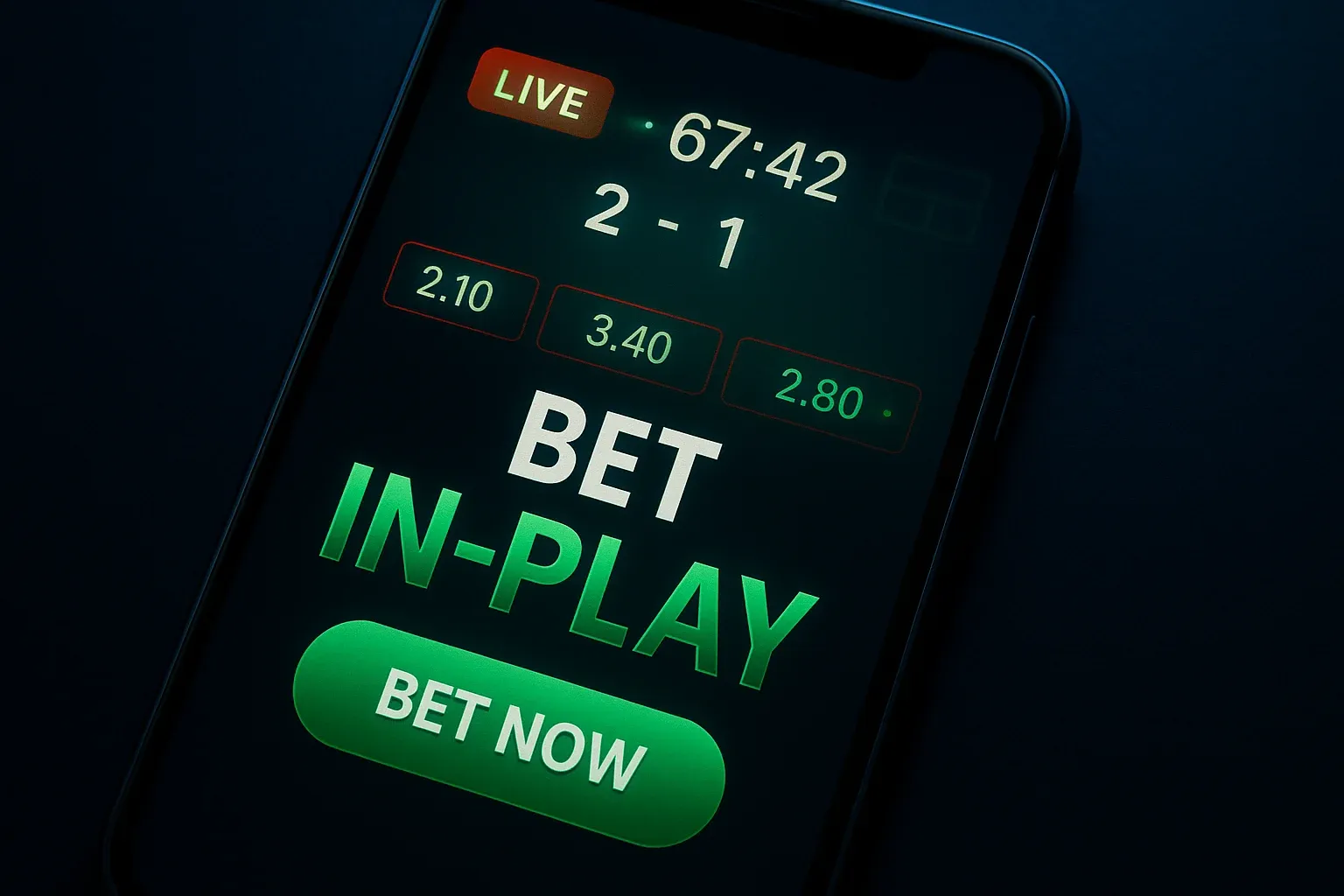 Smartphone showing live in-play football betting odds and bet now button