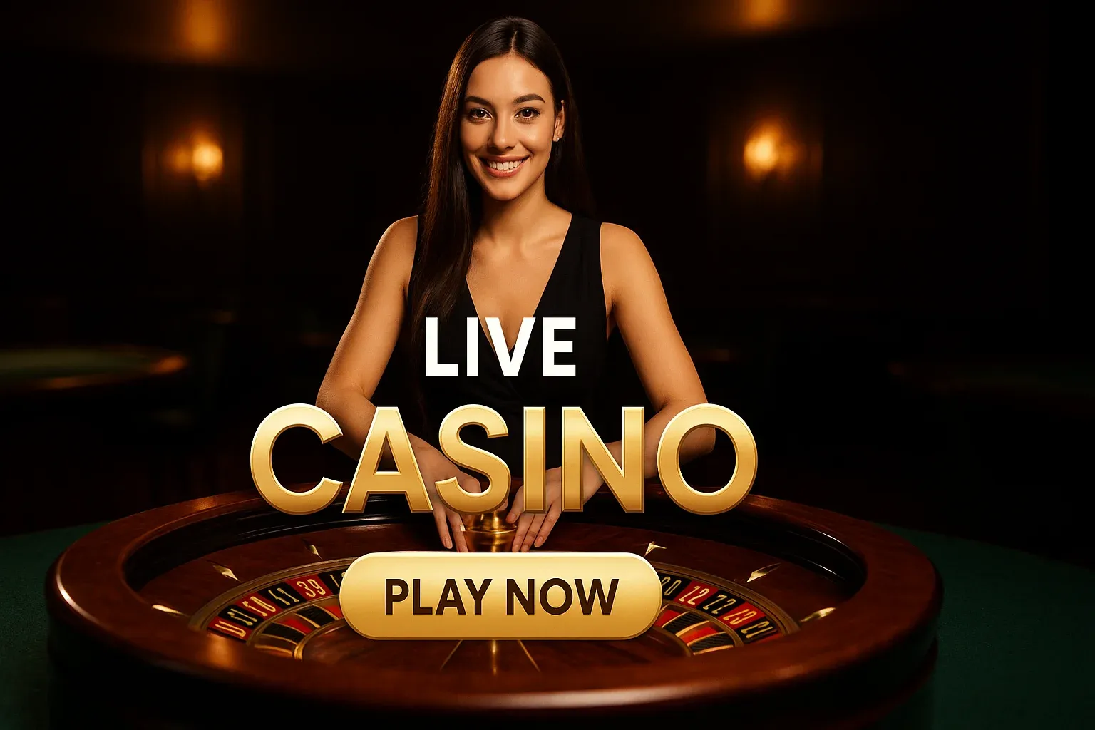 Female croupier with roulette wheel on luxury live casino banner