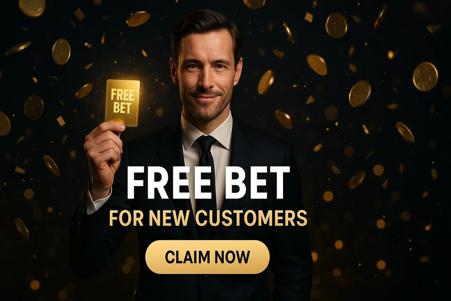 Sports betting banner with British man holding glowing free bet slip