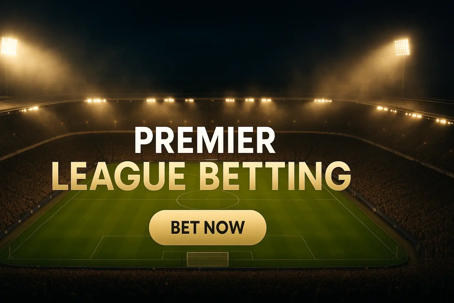 Packed night football stadium aerial banner with Premier League betting text